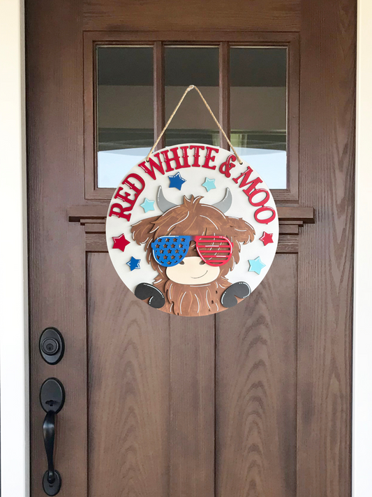 Highland Cow Red White & Moo Door Hanger