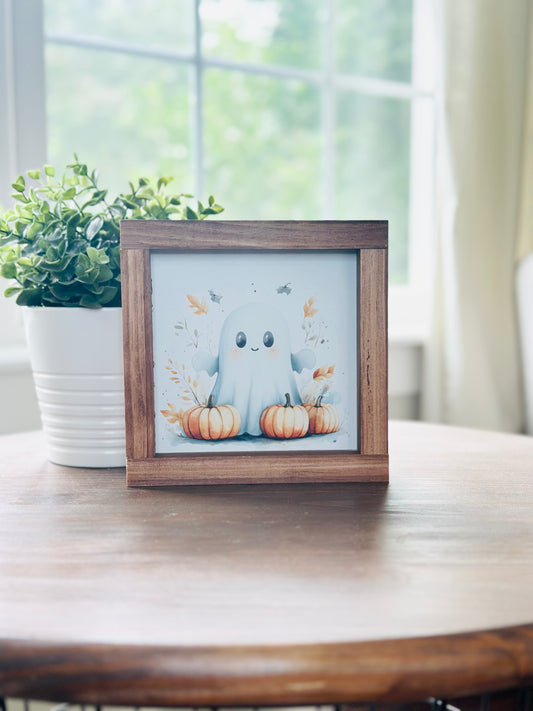 Cute Ghost with Pumpkins Sign
