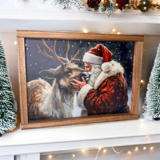 Santa Kissing a Reindeer Wood Sign