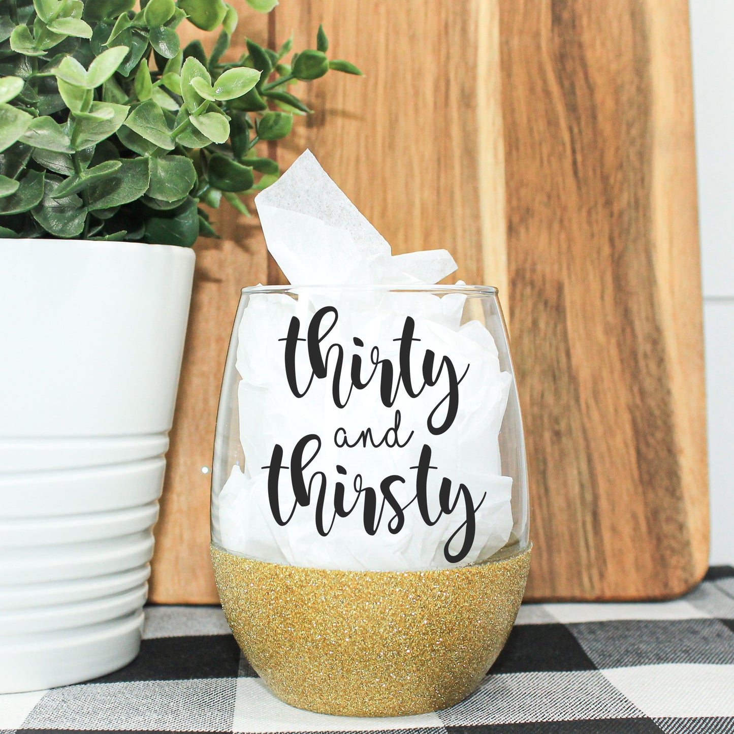 Thirty and Thirsty Glitter Wine Glass